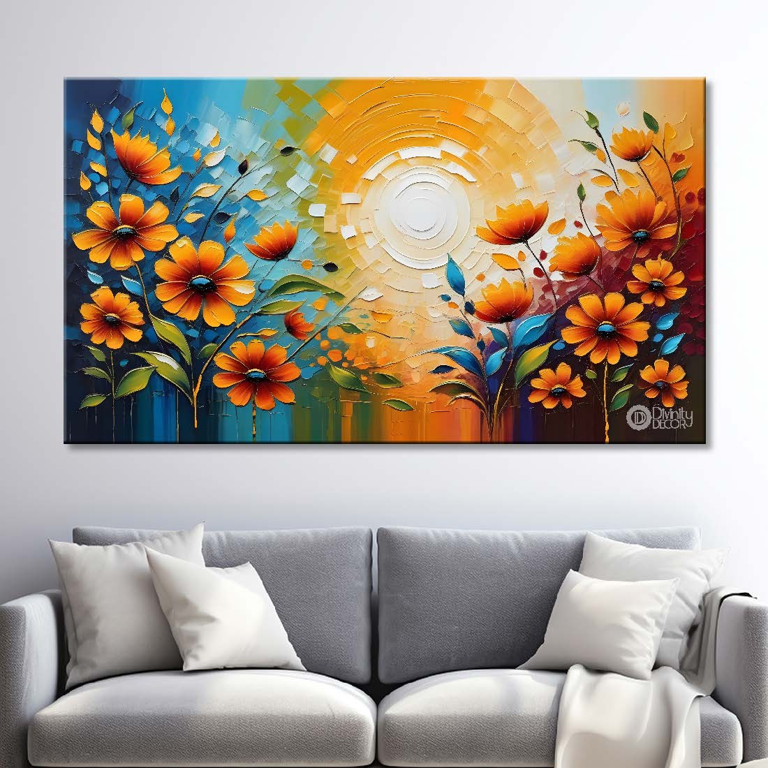 Colorful flowers with blue textured background painting- Design - Flower-118