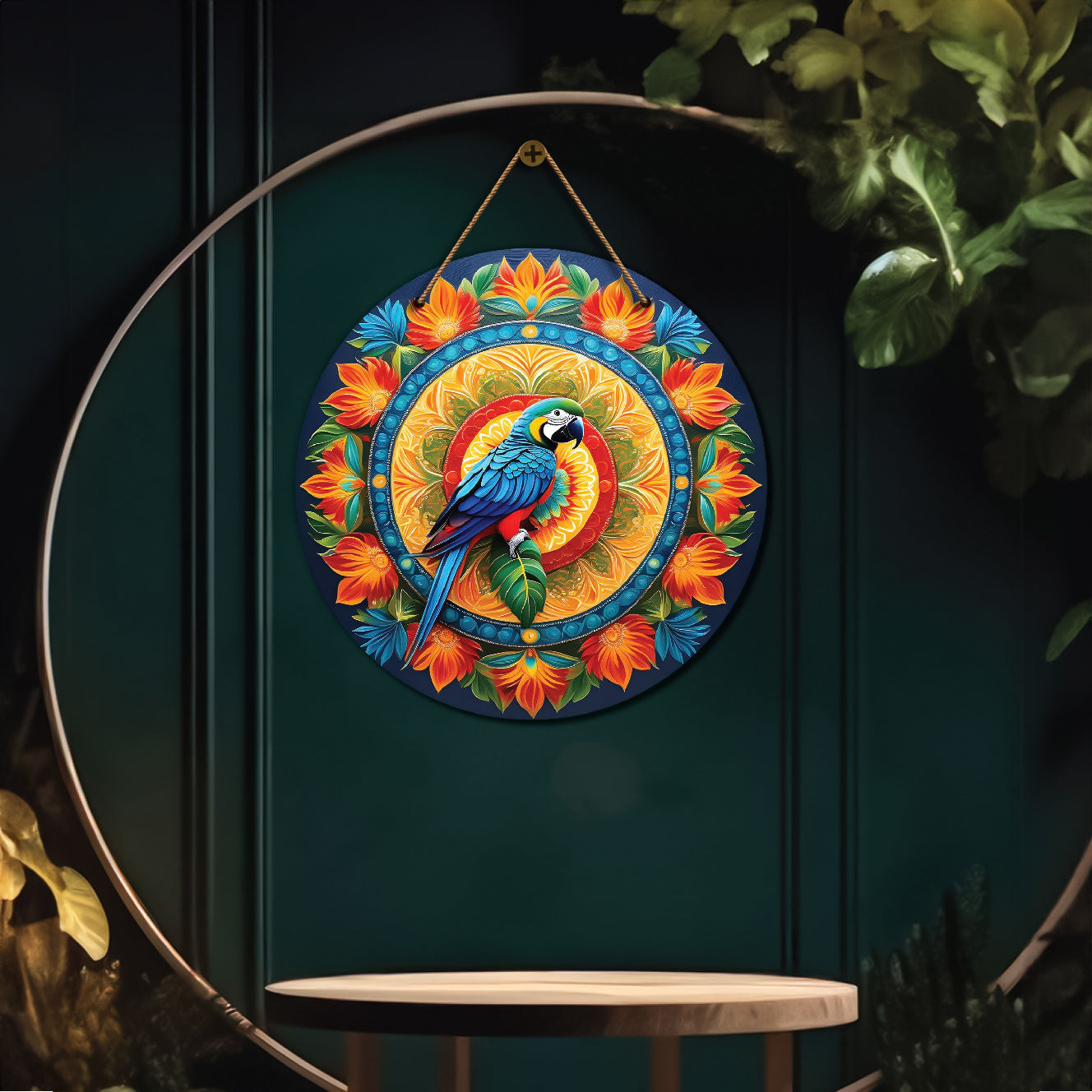 Parrot in blue and orange mandala Round Wooden Wall Hanging for wall Décor - Design - 118