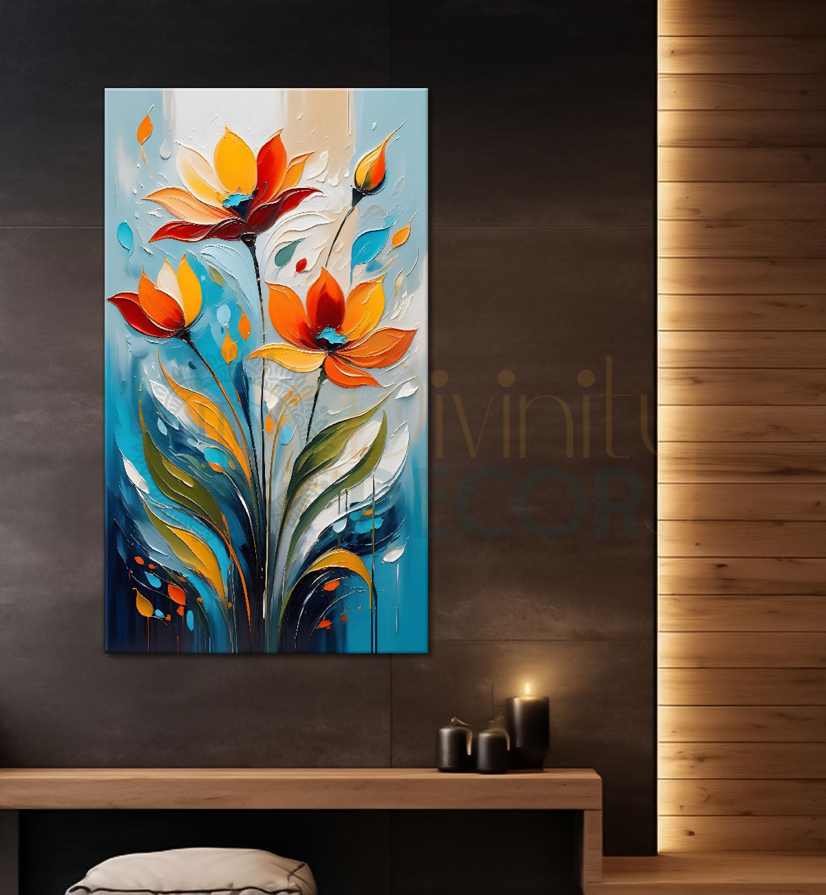 Orange flowers in blue textured painting- Flower-V-118