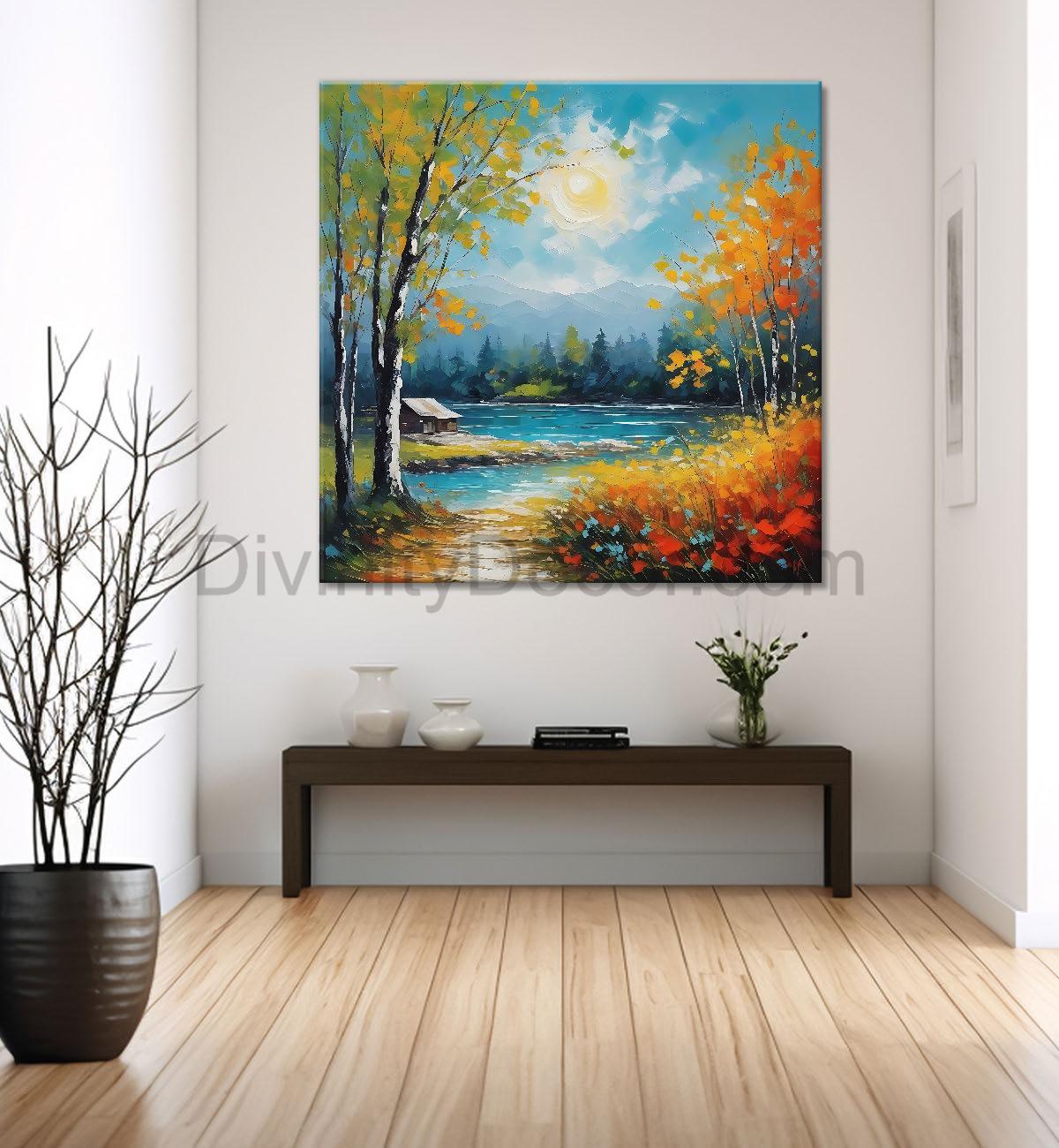 Colourful trees with lake painting 24X24 - Nature Art -S-118