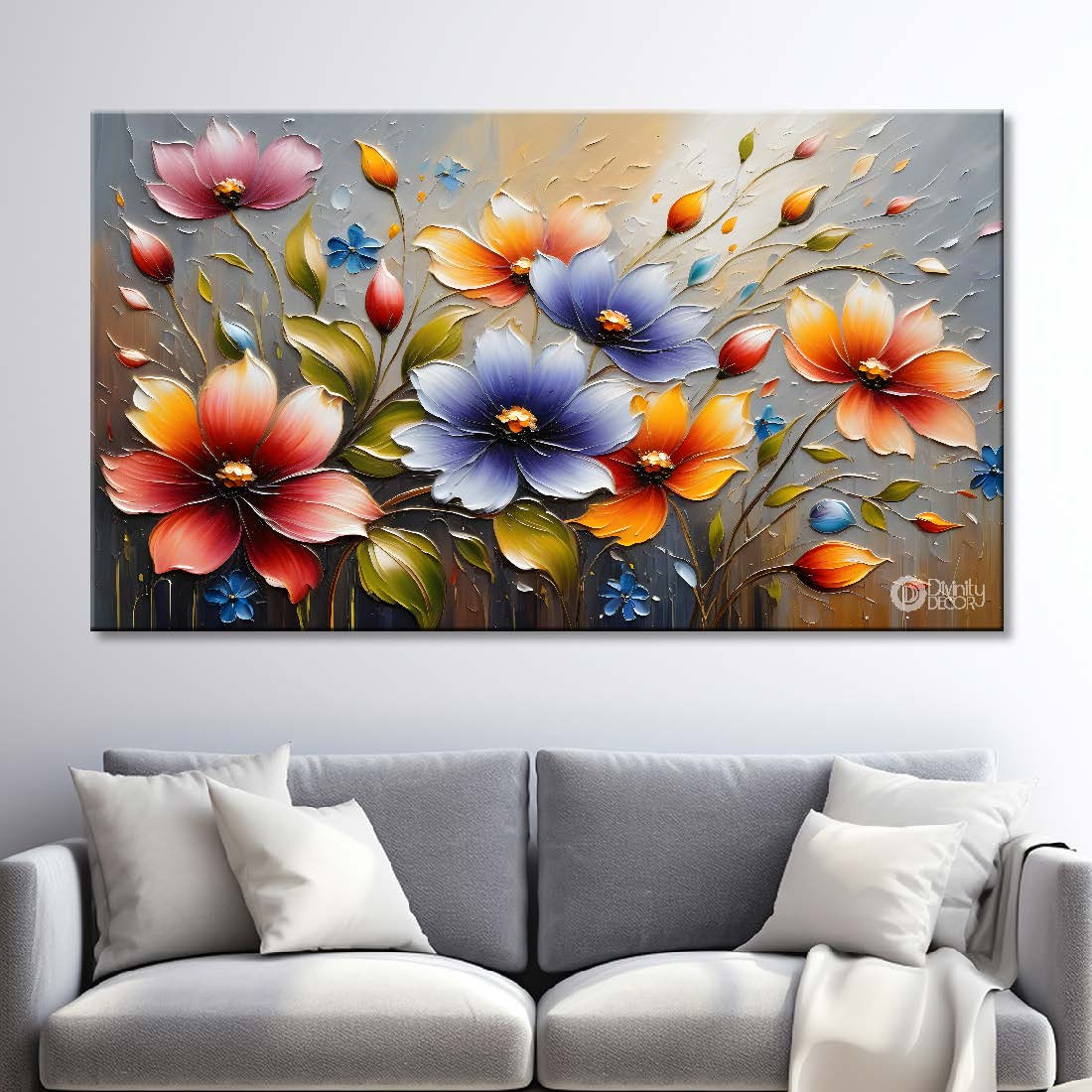 Colorful flowers with grey textured background painting- Design - Flower-119