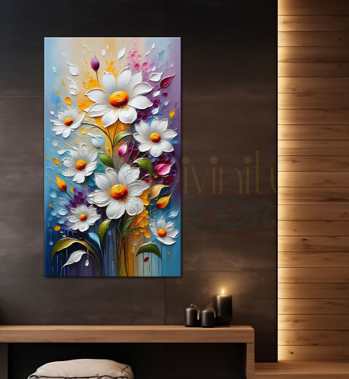 White flower in colourful textured painting- Flower-V-119