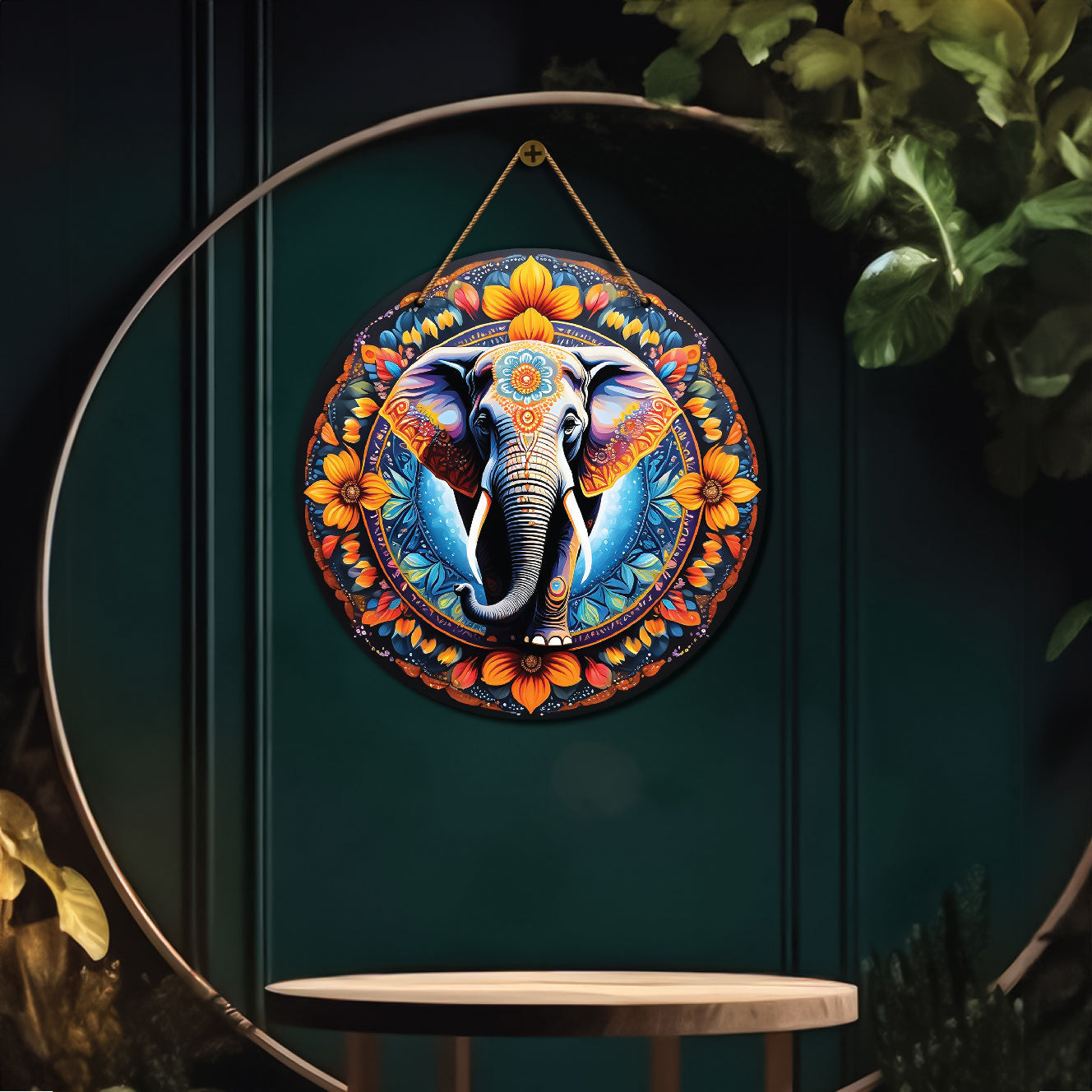 Elephant in blue and yellow mandala Round Wooden Wall Hanging for wall Décor - Design - 119