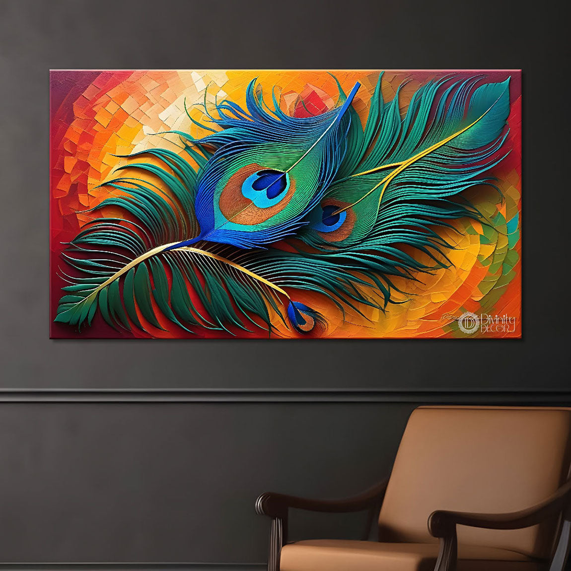 Peacock feather with bright background textured modern art Canvas Painting - Design - Peacock-12