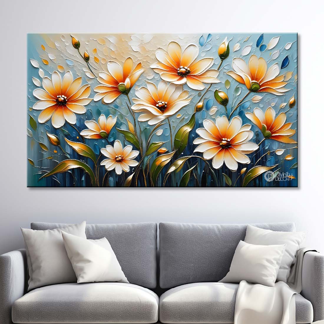 White flowers with blue textured background painting- Design - Flower-120