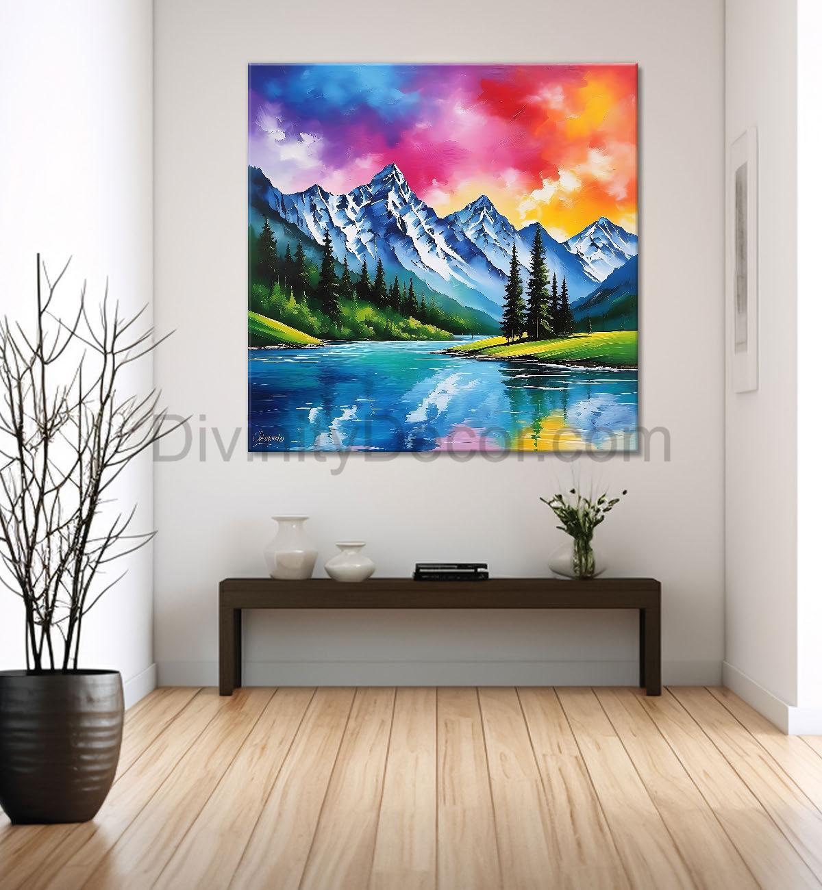 Mountains with river and sky painting 24X24 - Nature Art -S-120