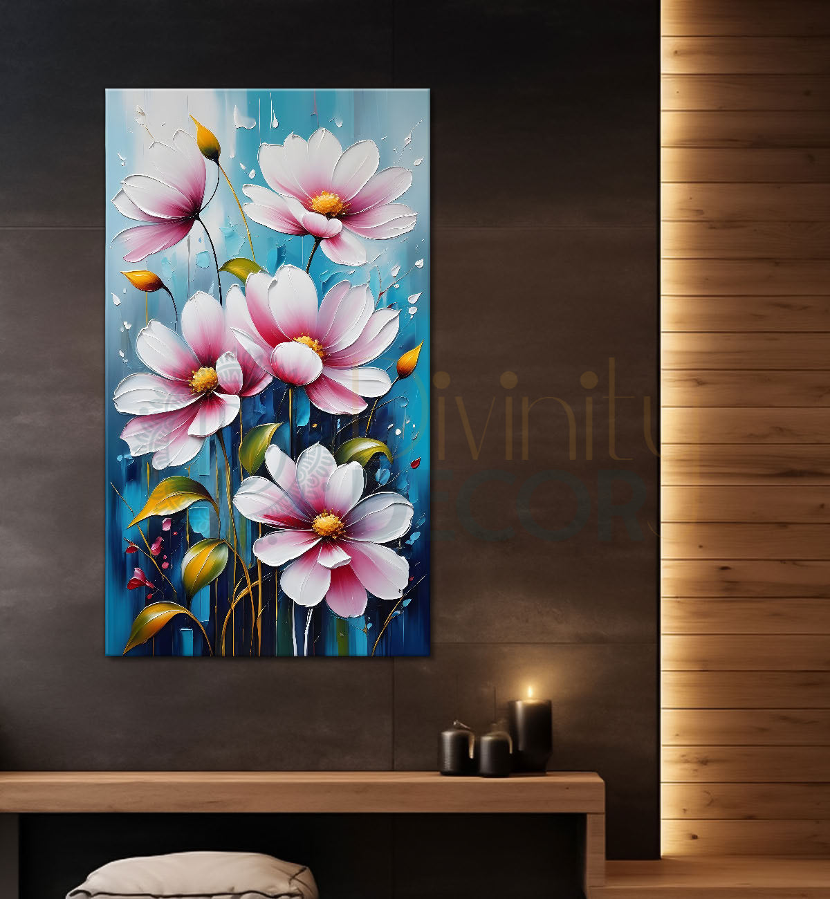 Pink flowers in blue textured background painting- Flower-V-120