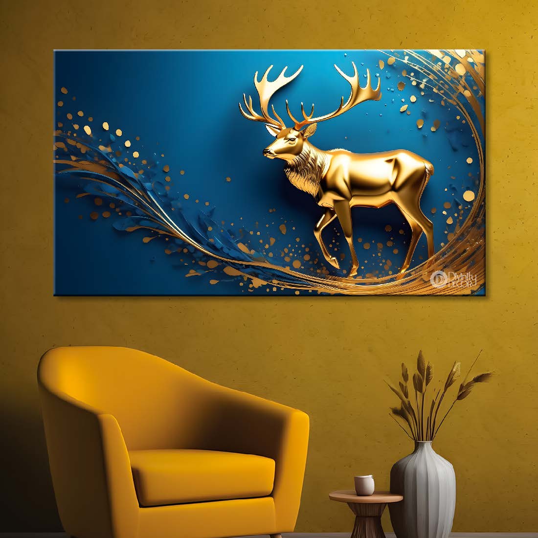 Golden deer with navy blue background textured art.- Design - Animal -120