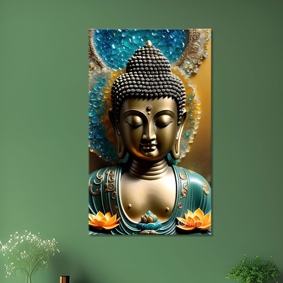 Golden buddha face with colourful background textured painting - Buddha-V-120