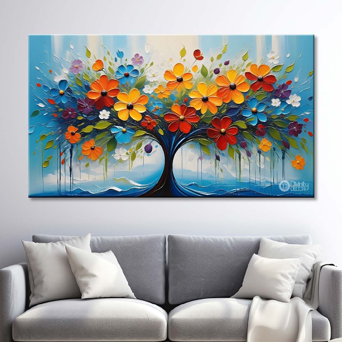 Colorful flowers tree with blue textured background painting- Design - Flower-121
