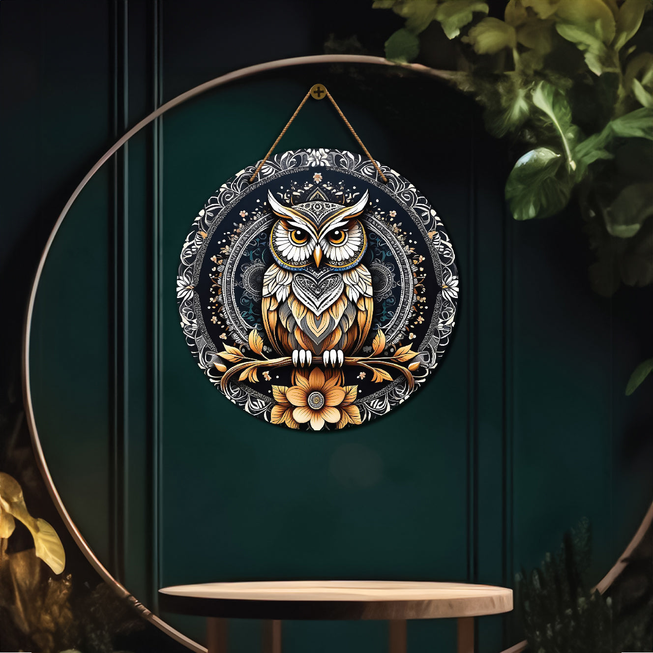 Owl in grey and yellow mandala Round Wooden Wall Hanging for wall Décor - Design - 121