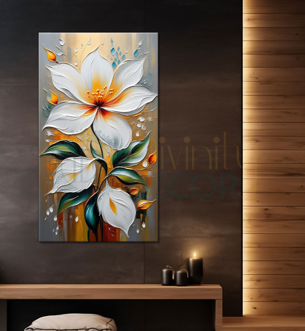 White flower in light brown textured painting- Flower-V-121