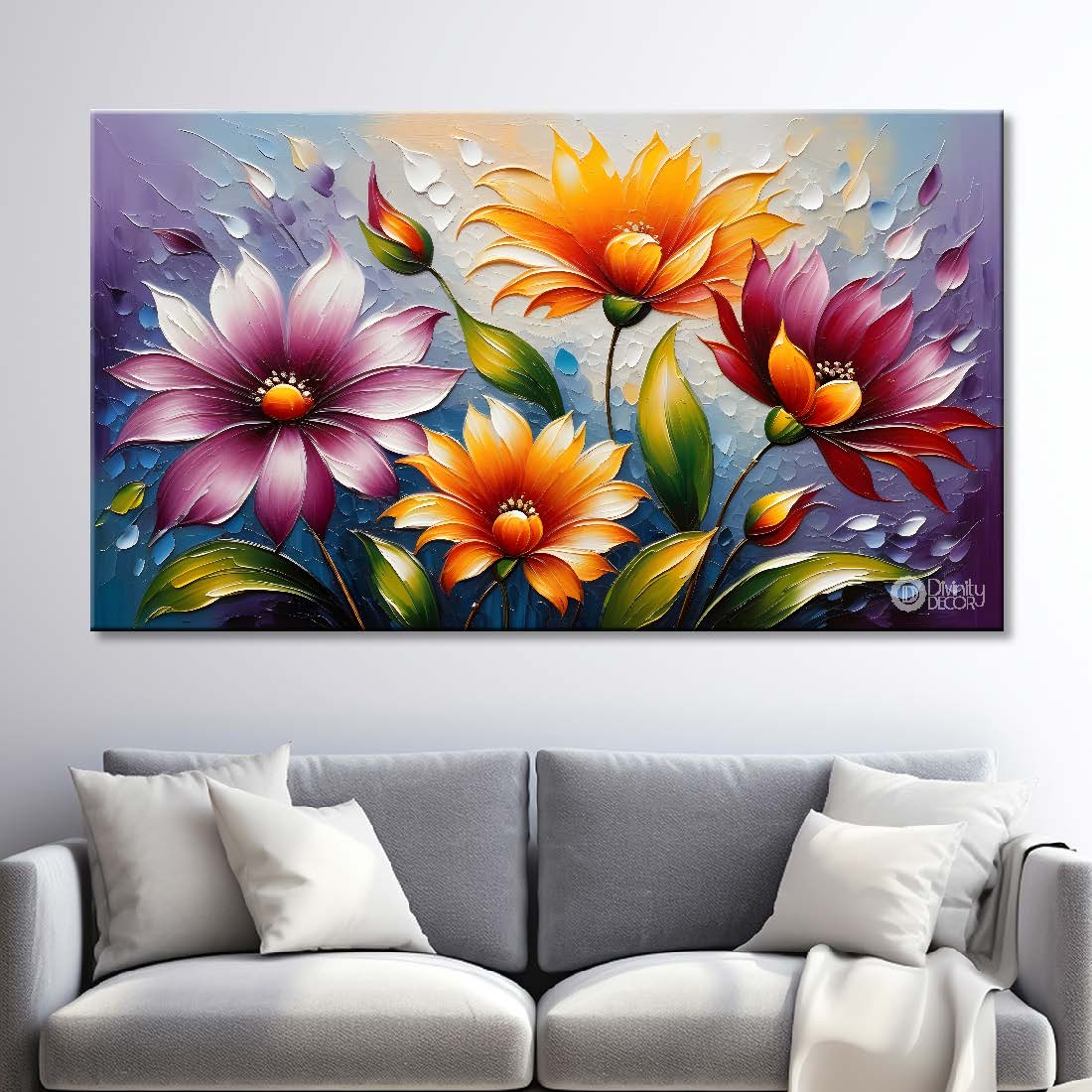 Colorful flowers with grey textured background painting- Design - Flower-122