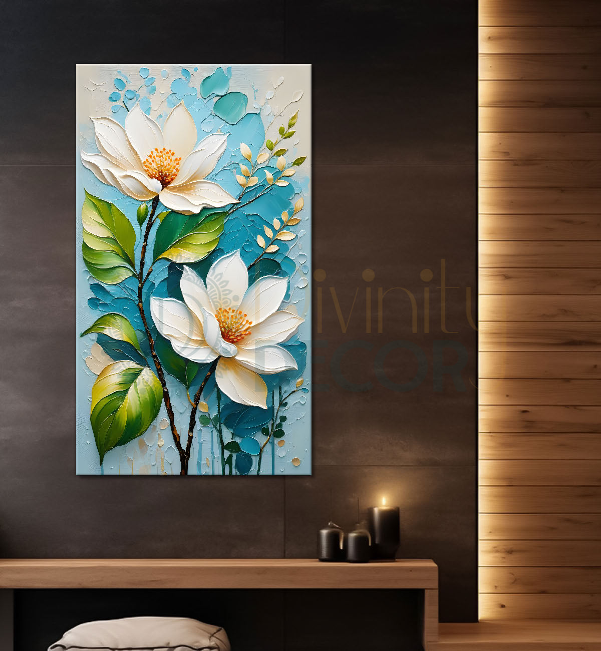 White flowers in sky blue textured background painting- Flower-V-122