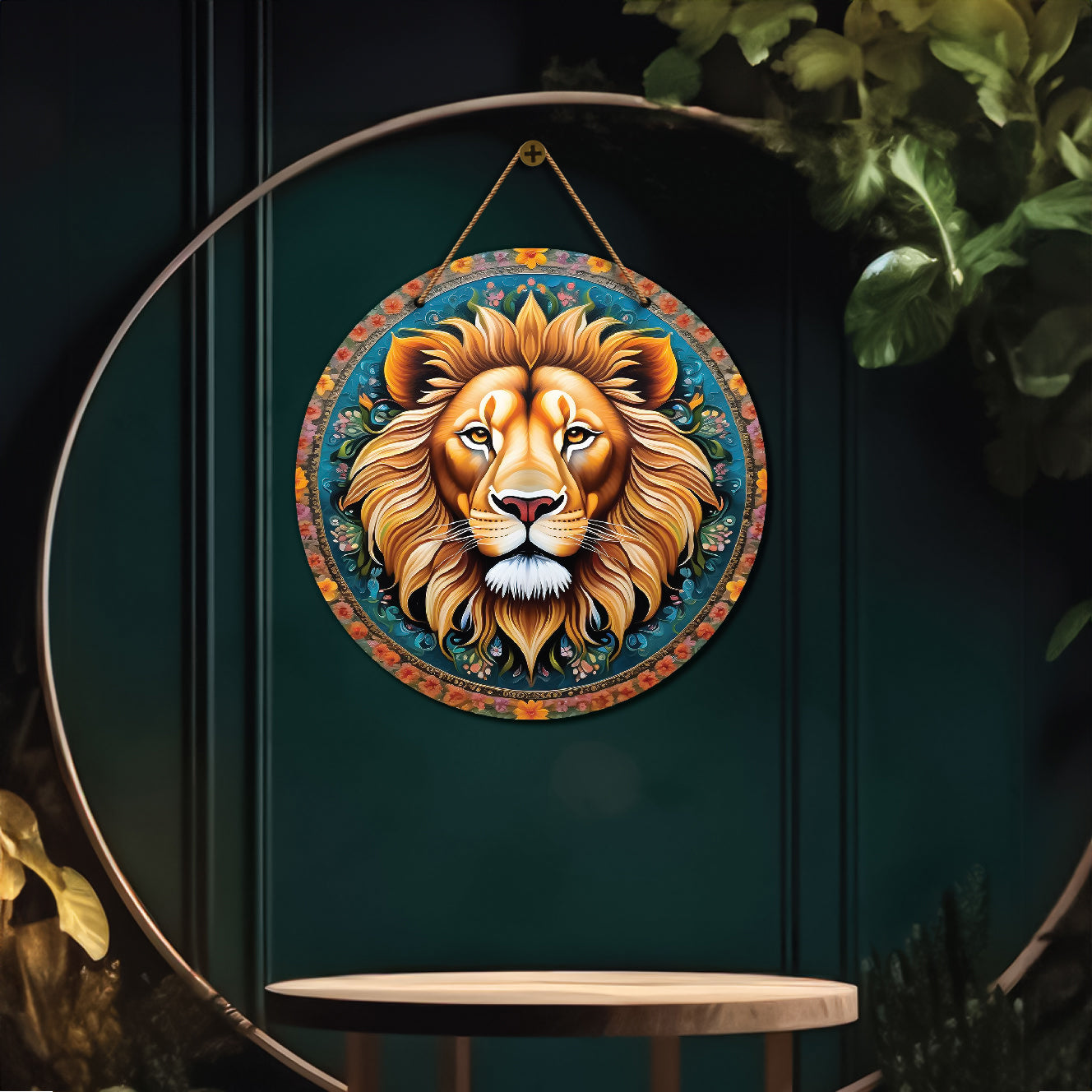 Lion in blue and yellow mandala Round Wooden Wall Hanging for wall Décor - Design - 122