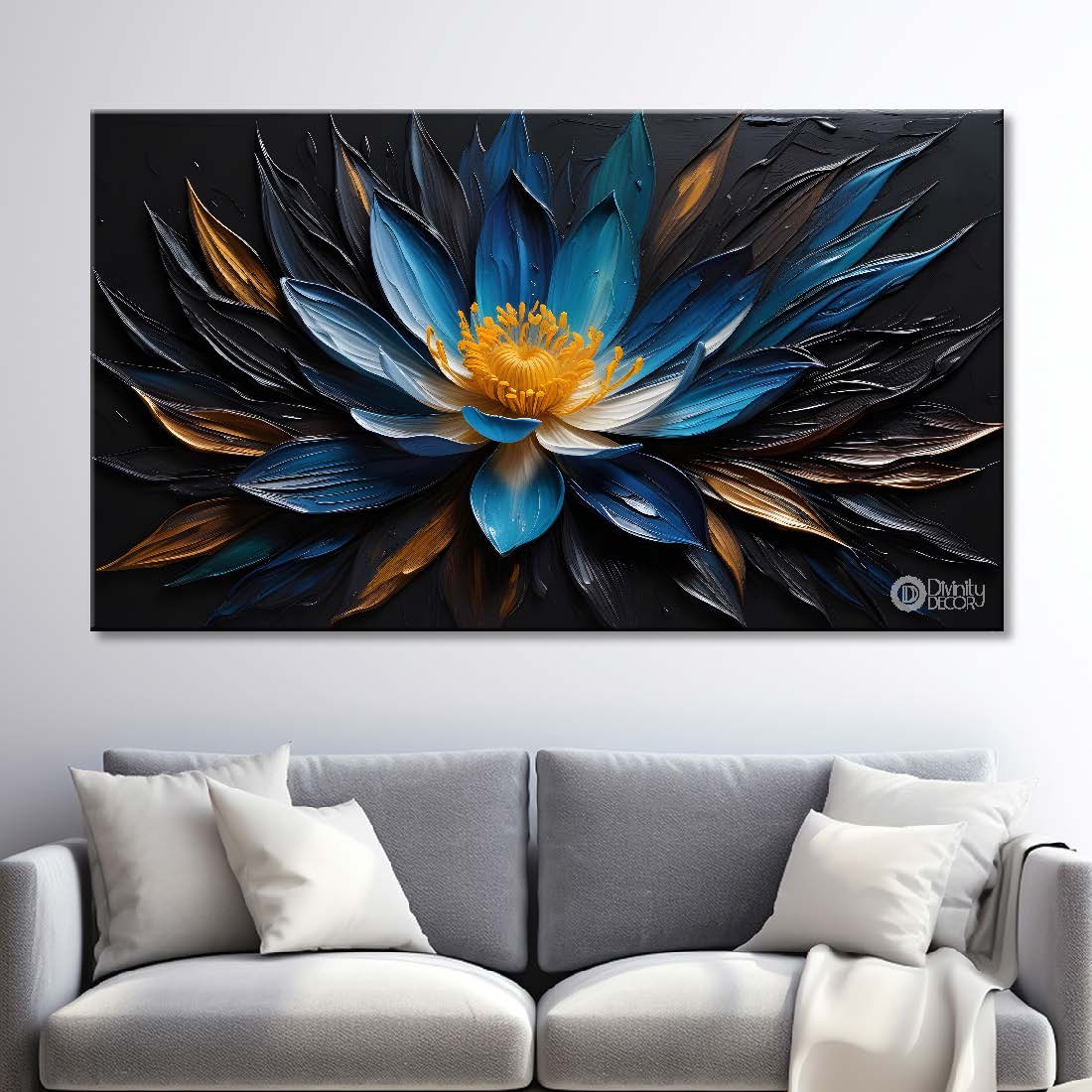 Blue flower with dark textured background painting- Design - Flower-123