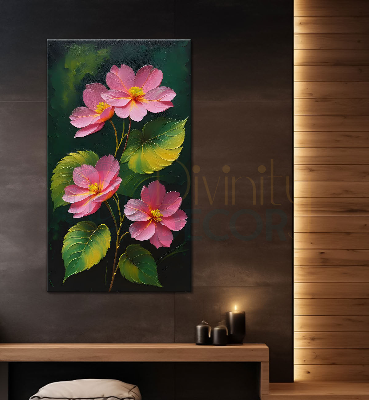 Pink flowers in green textured background painting- Flower-V-123