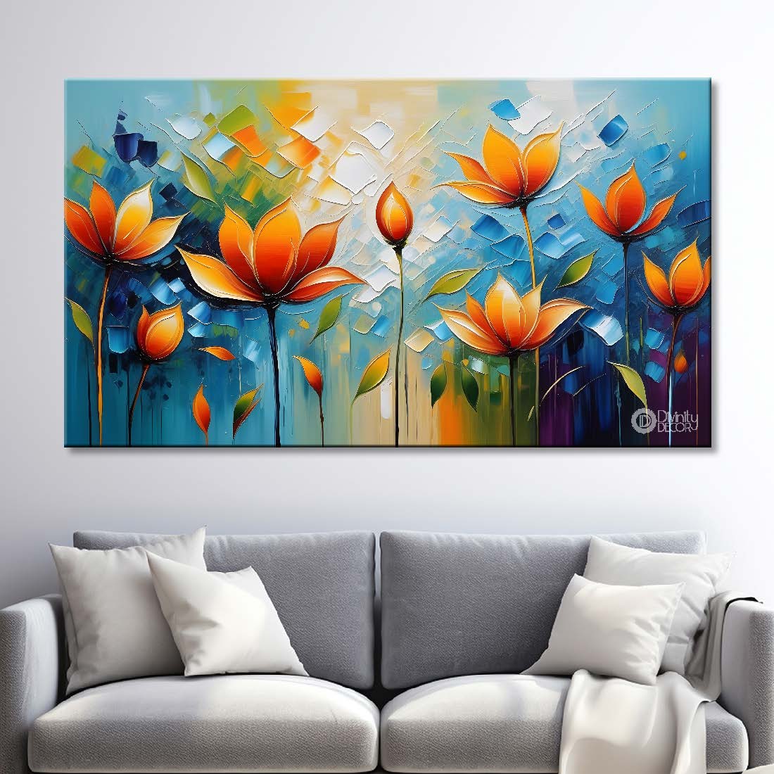 Orange flowers with blue textured background painting- Design - Flower-124