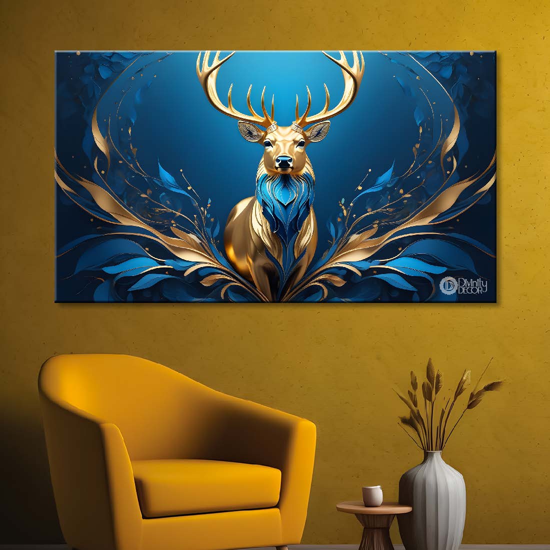 Golden deer with navy blue background textured art.- Design - Animal -124