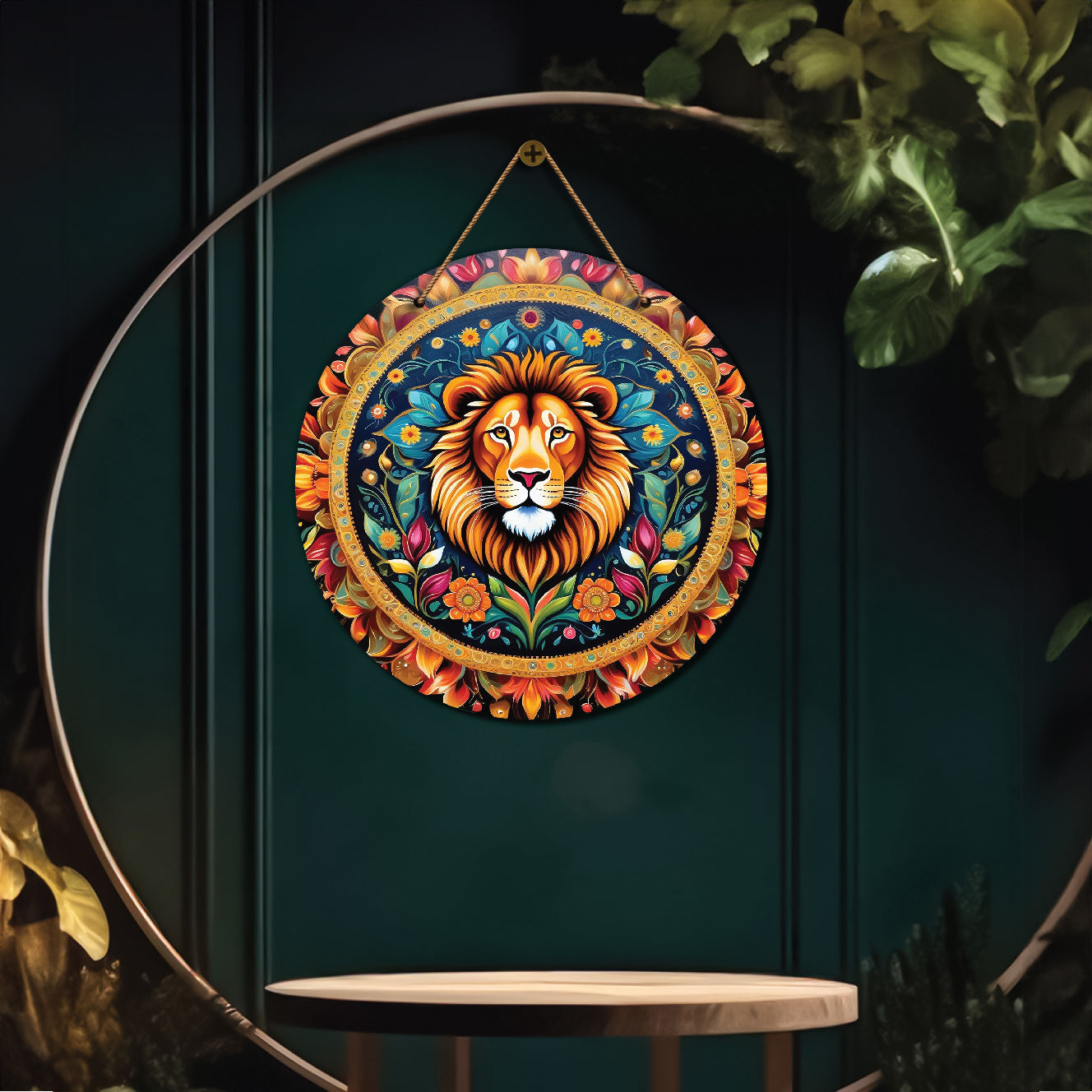 Lion in blue and orange mandala Round Wooden Wall Hanging for wall Décor - Design - 124