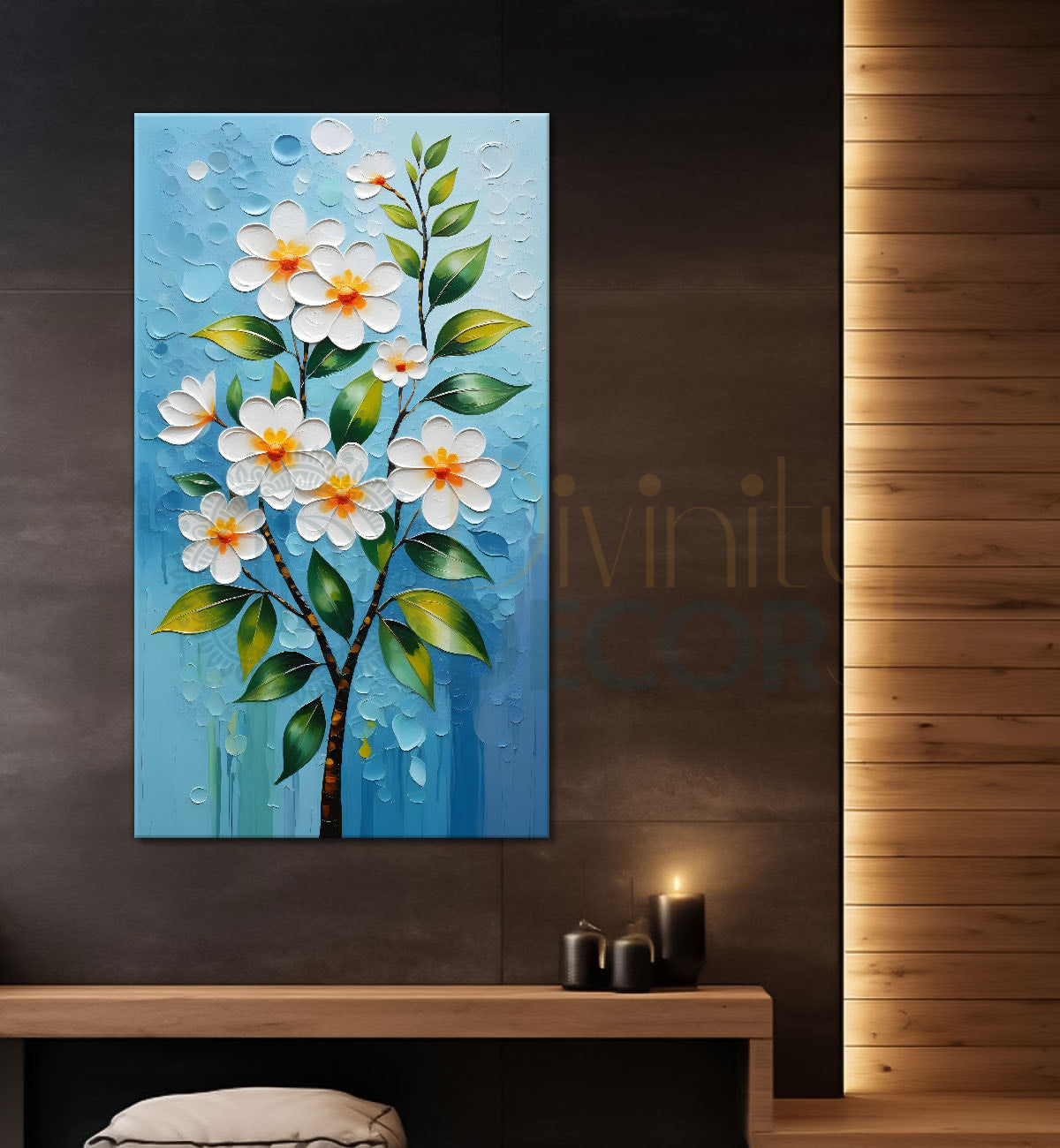 White flowers in sky blue textured background painting- Flower-V-124