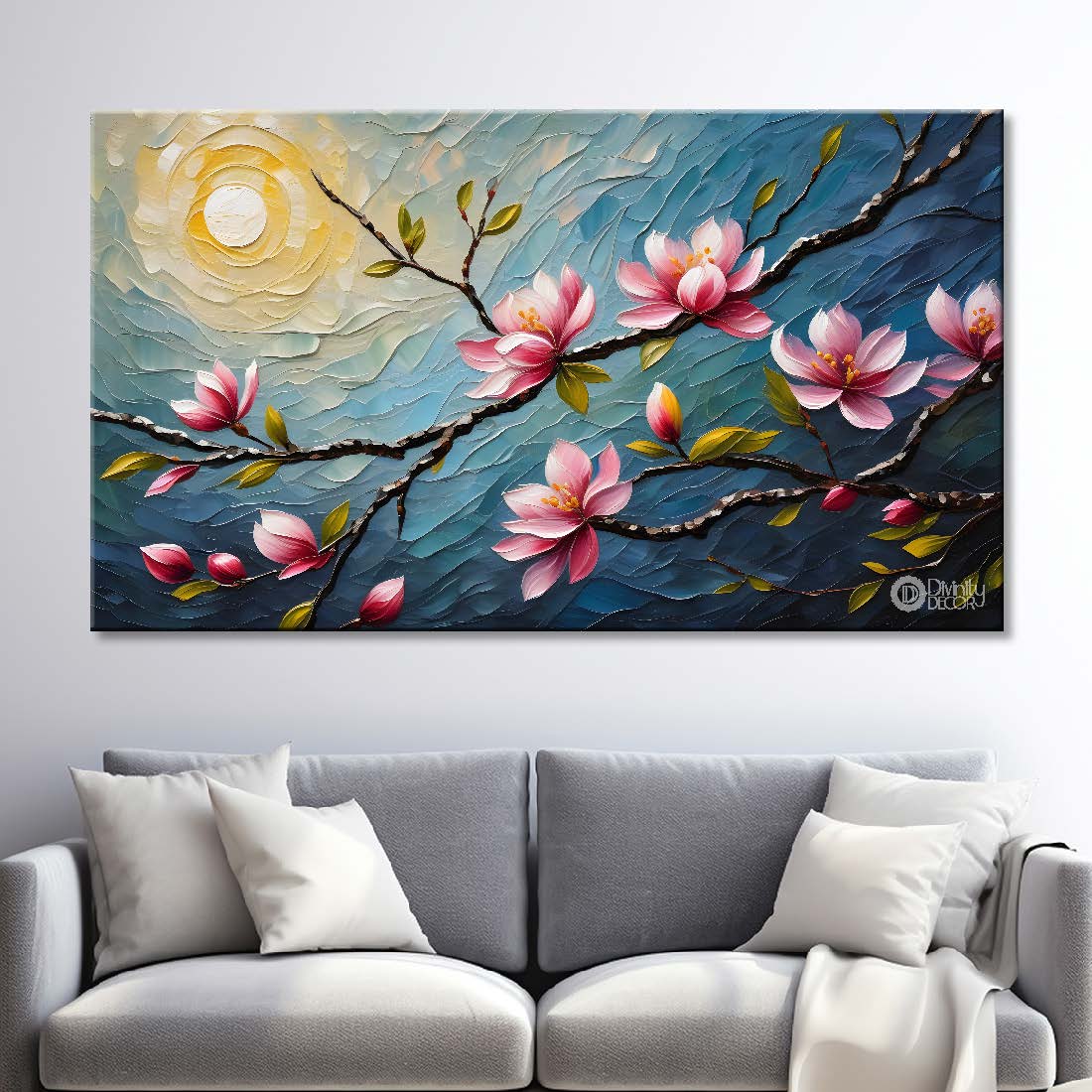 Pink flowers with blue textured background painting- Design - Flower-125