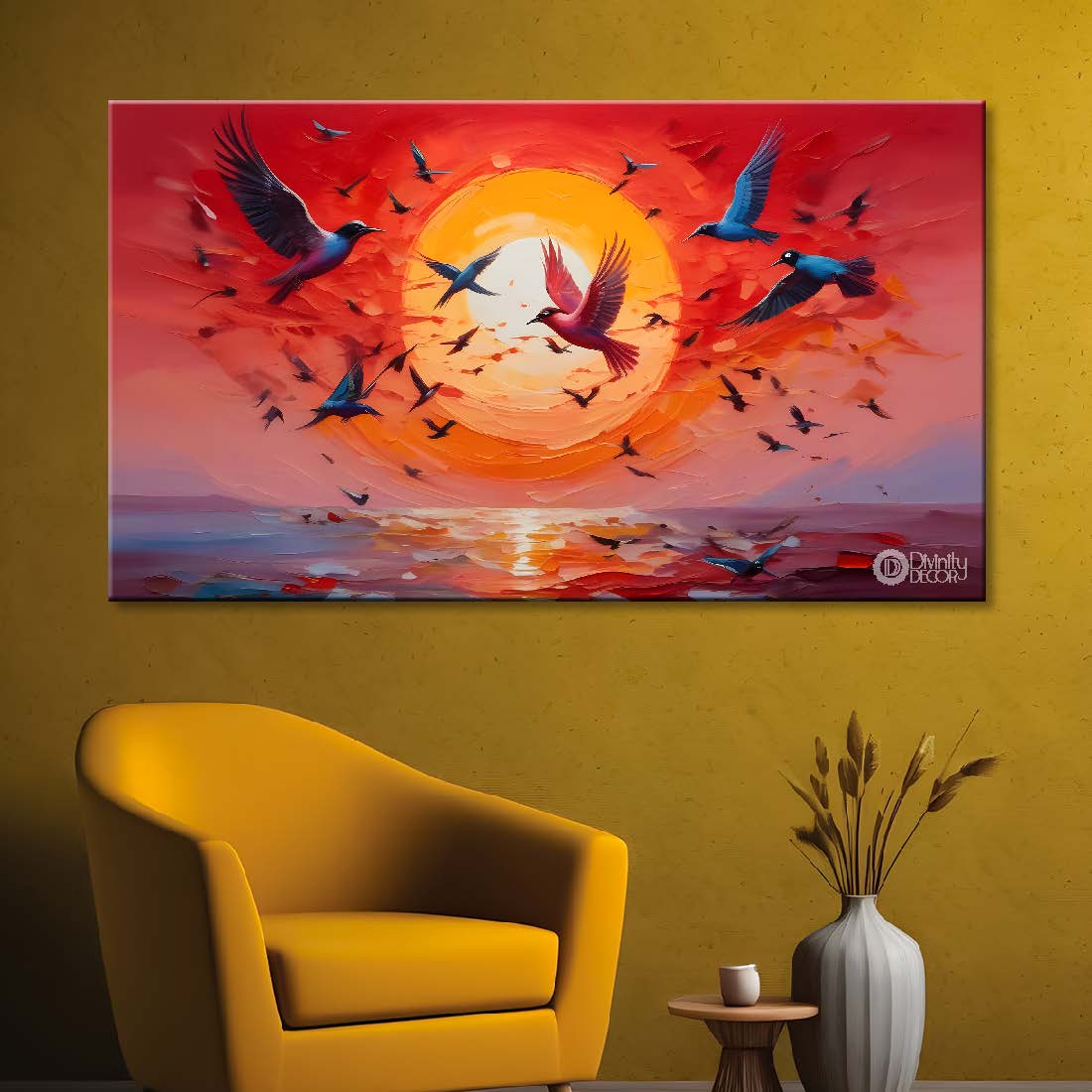 Birds flying in the sky with sunrise background textured art. - Design - Animal - 125