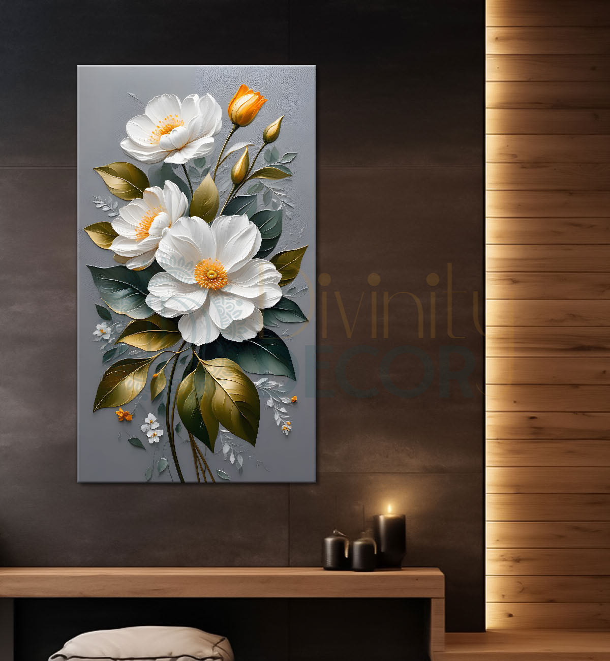 White flowers in grey textured background painting- Flower-V-125
