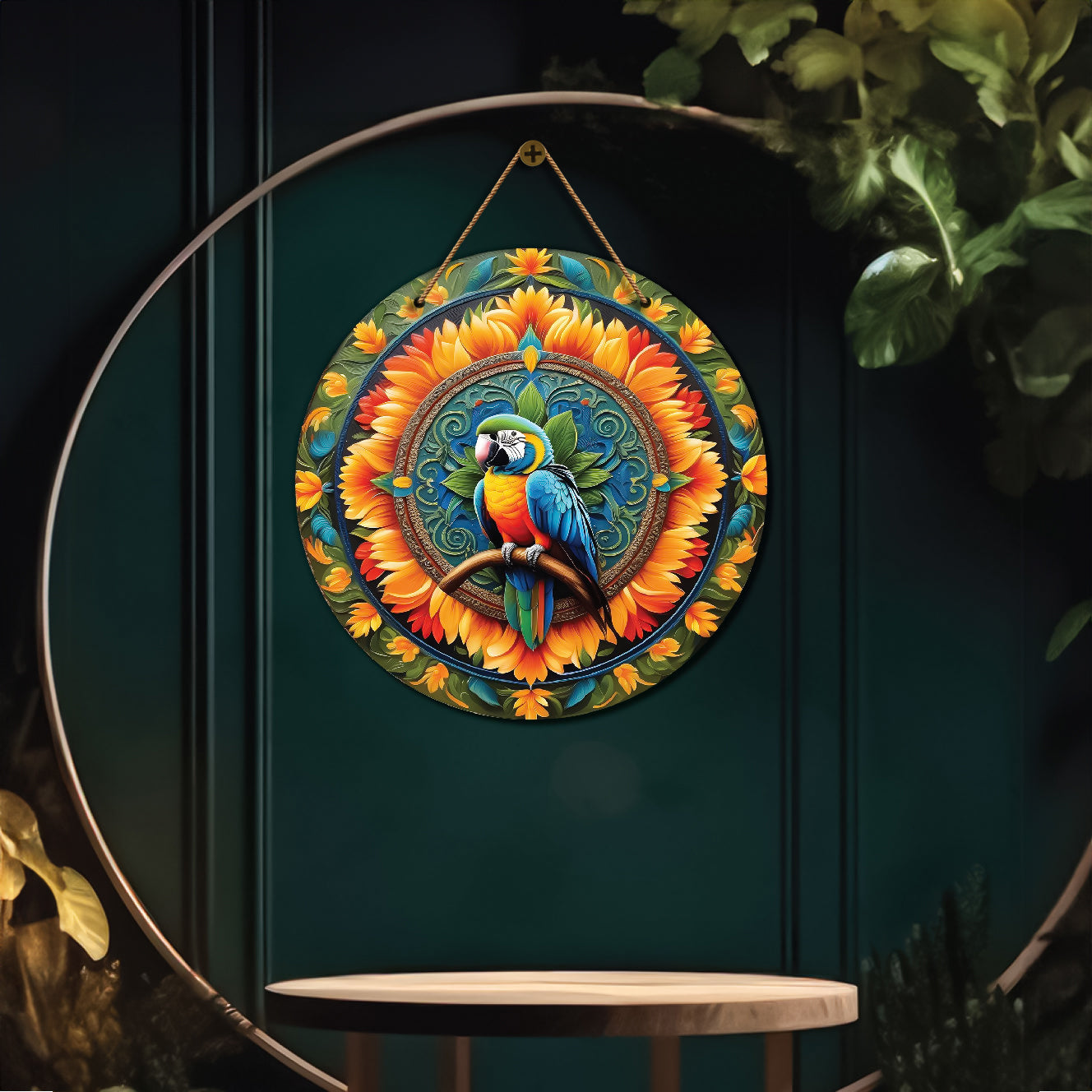 Parrot in green and yellow mandala Round Wooden Wall Hanging for wall Décor - Design - 125
