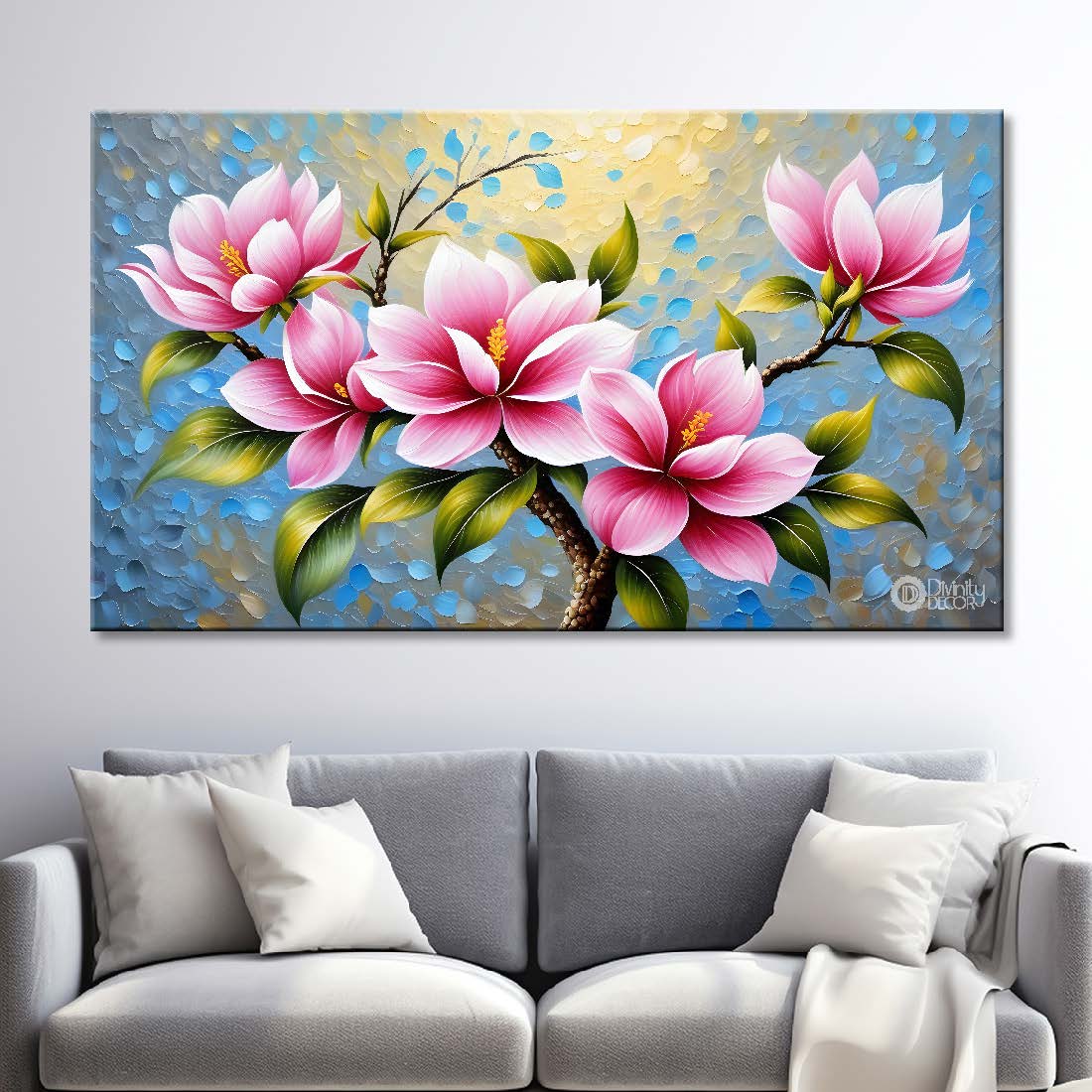 Pink flowers with blue textured background painting- Design - Flower-126