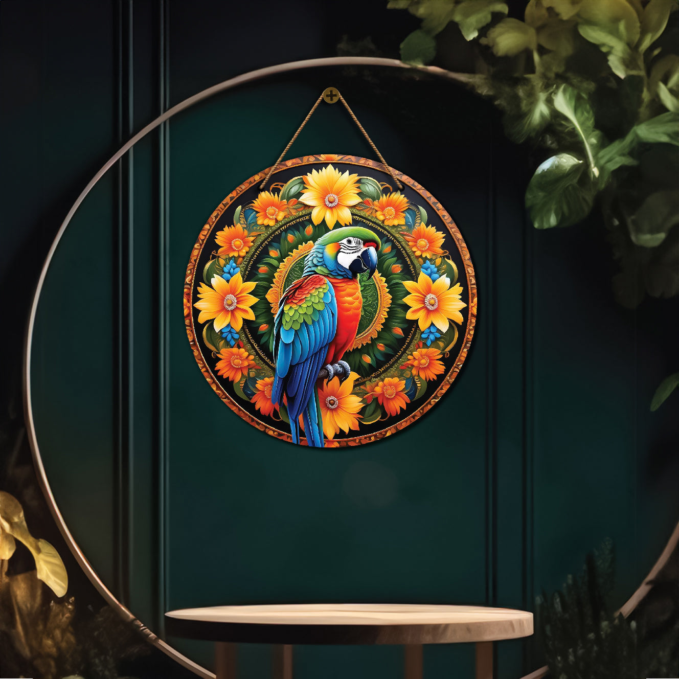 Parrot in green and floral mandala Round Wooden Wall Hanging for wall Décor - Design - 126