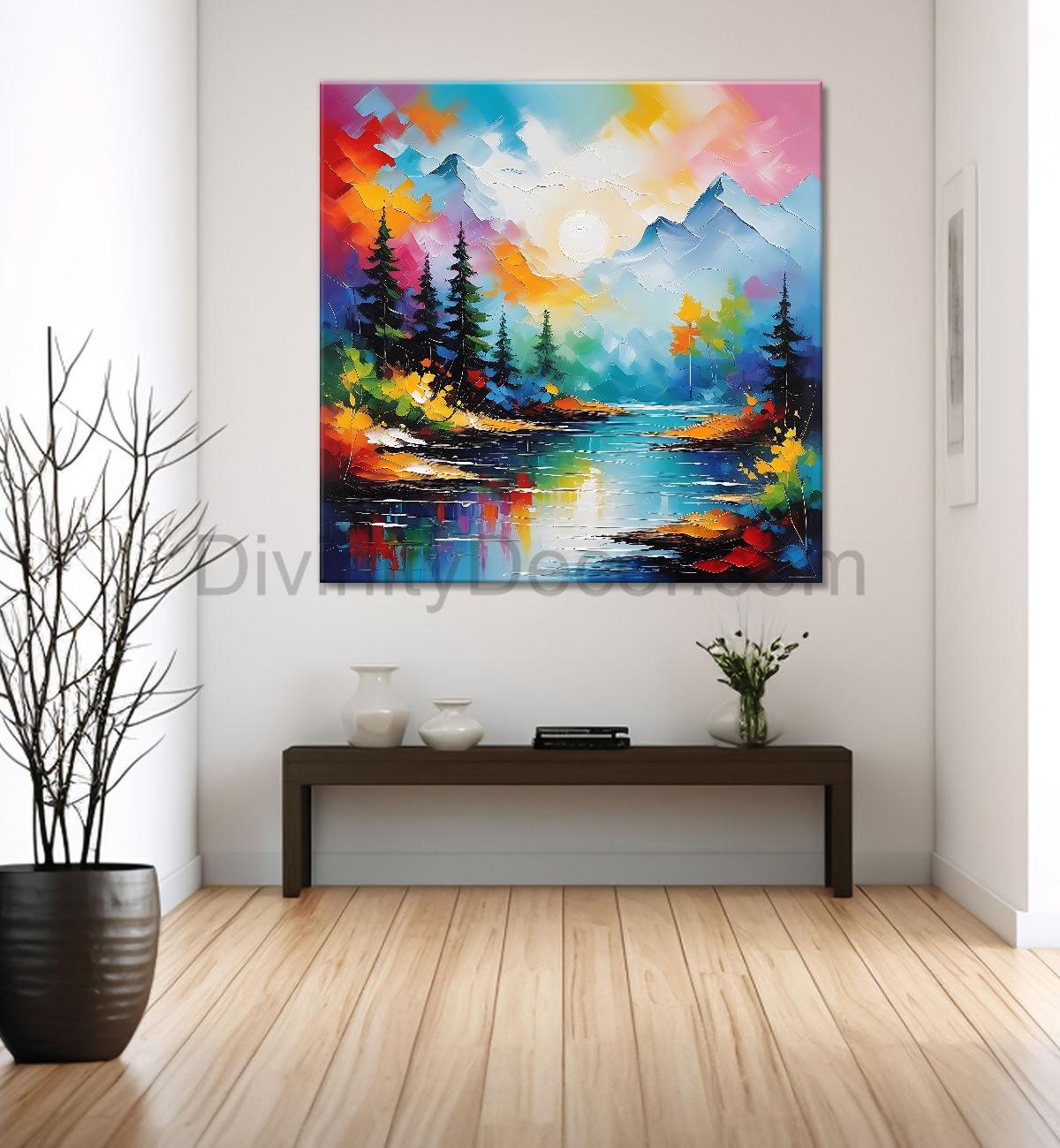 Mountains with trees and river water colour painting 24X24  - Nature Art -S-126