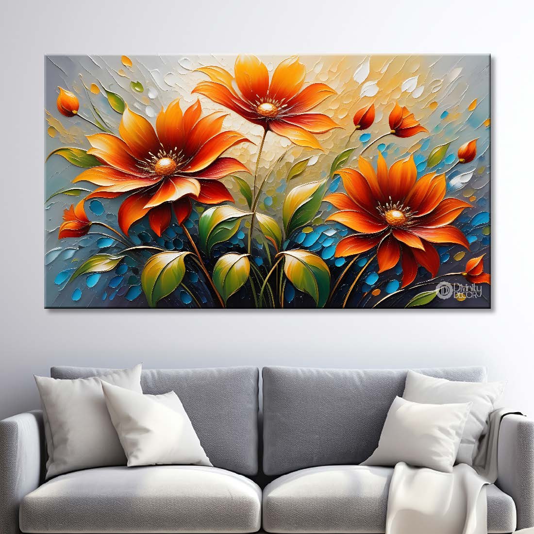 Orange flowers with grey textured background painting- Design - Flower-127