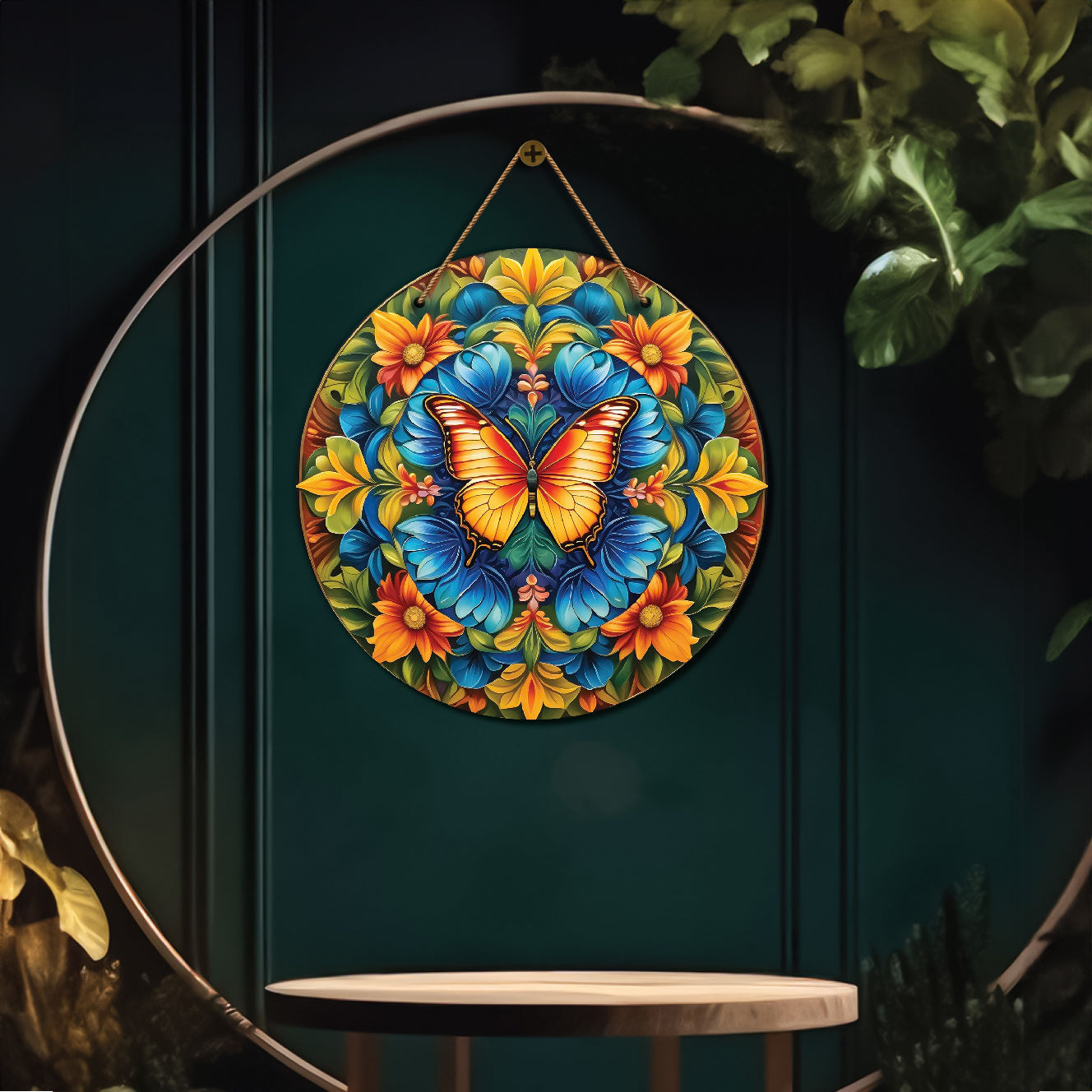 Yellow butterfly in green and blue mandala Round Wooden Wall Hanging for wall Décor - Design - 127