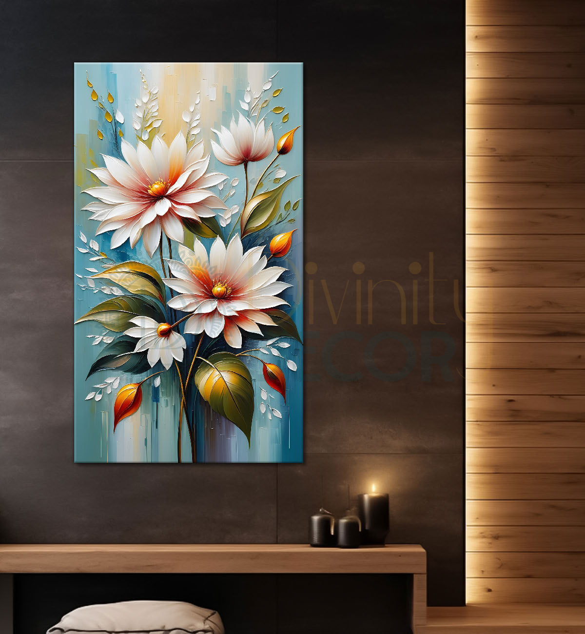 Pink flowers in sky blue textured background painting- Flower-V-127