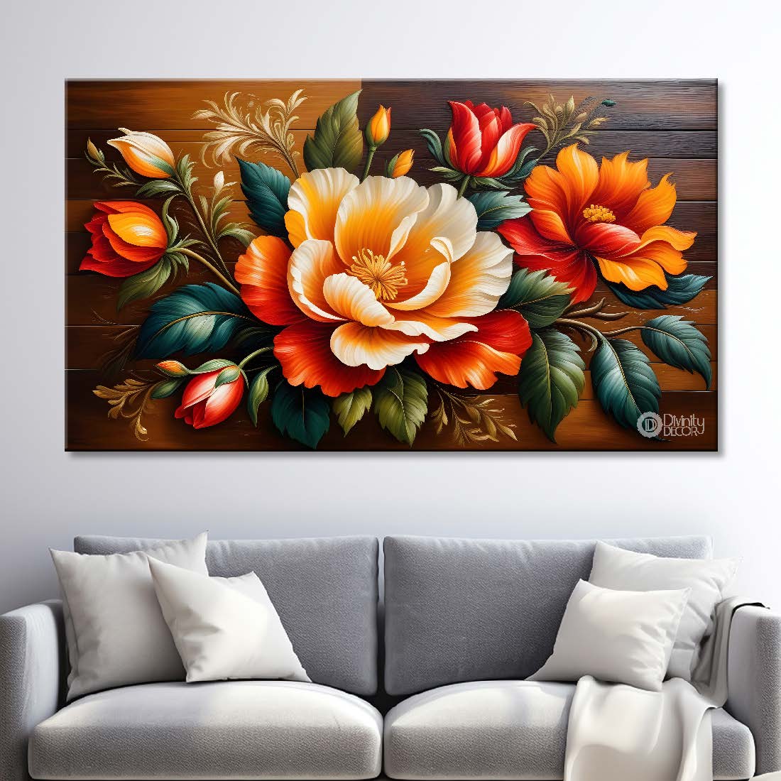 Brown and white flowers with brown textured background painting- Design - Flower-128