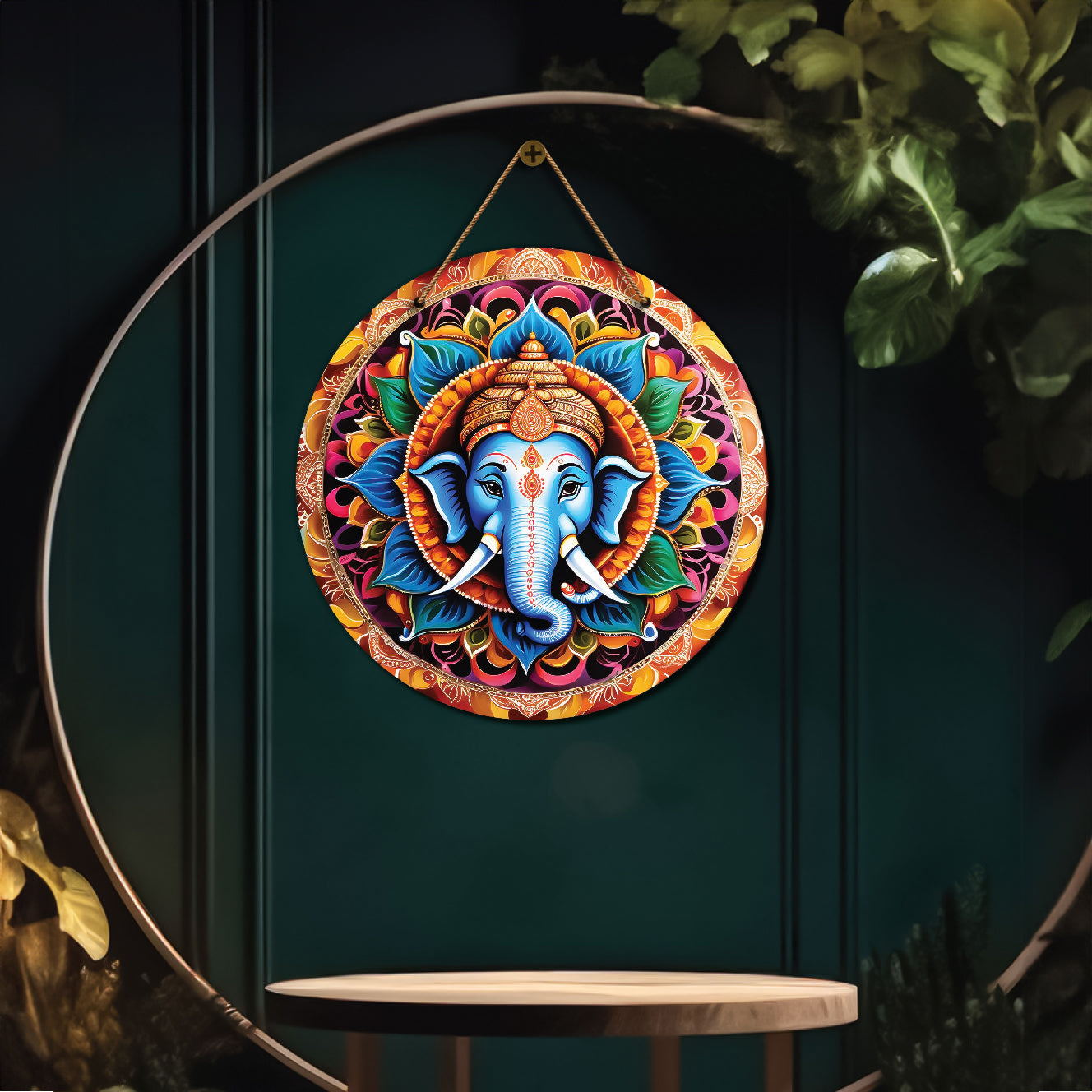 Ganesh Ji in blue and red mandala Round Wooden Wall Hanging for wall Décor - Design - 128