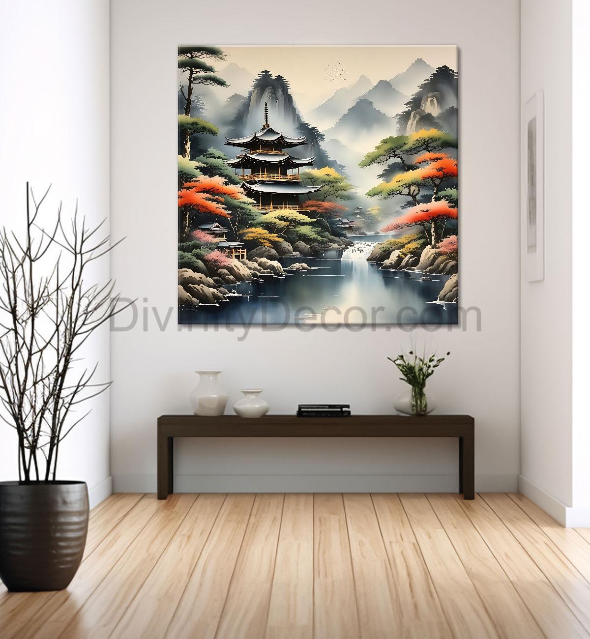 Mountains with tree and river painting  24X24 - Nature Art -S-128