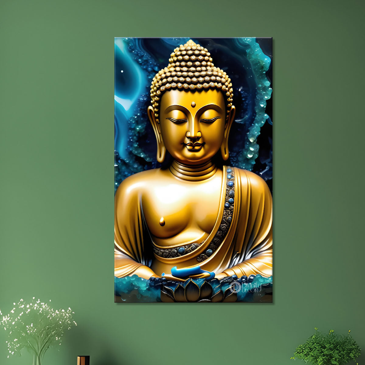 Golden buddha with blue background textured painting - Buddha-V-128