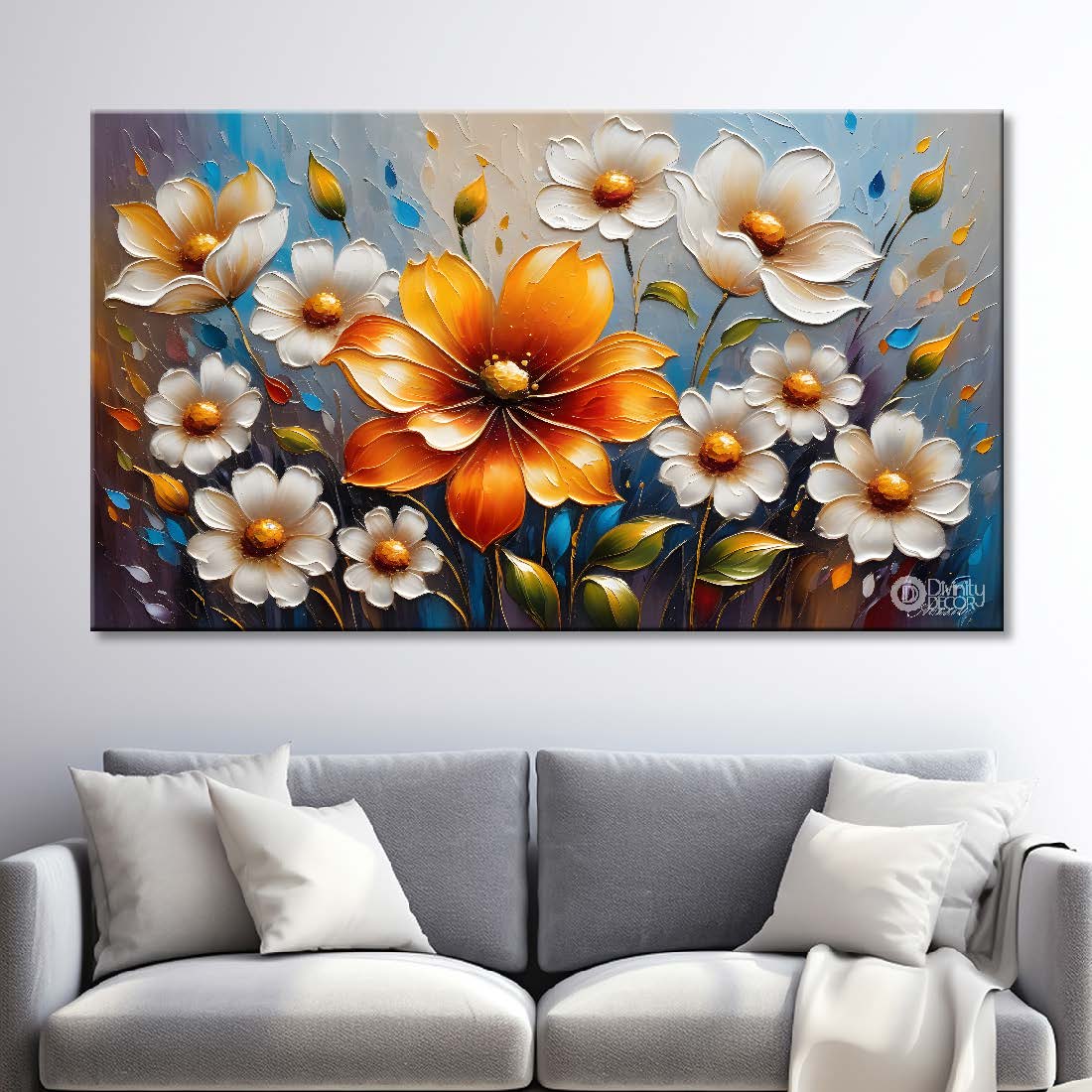 White flowers with blue textured background painting- Design - Flower-129