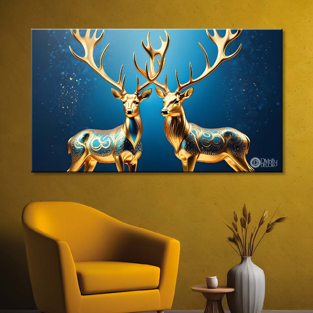 Two golden deer with dark blue background textured art.- Design - Animal -129