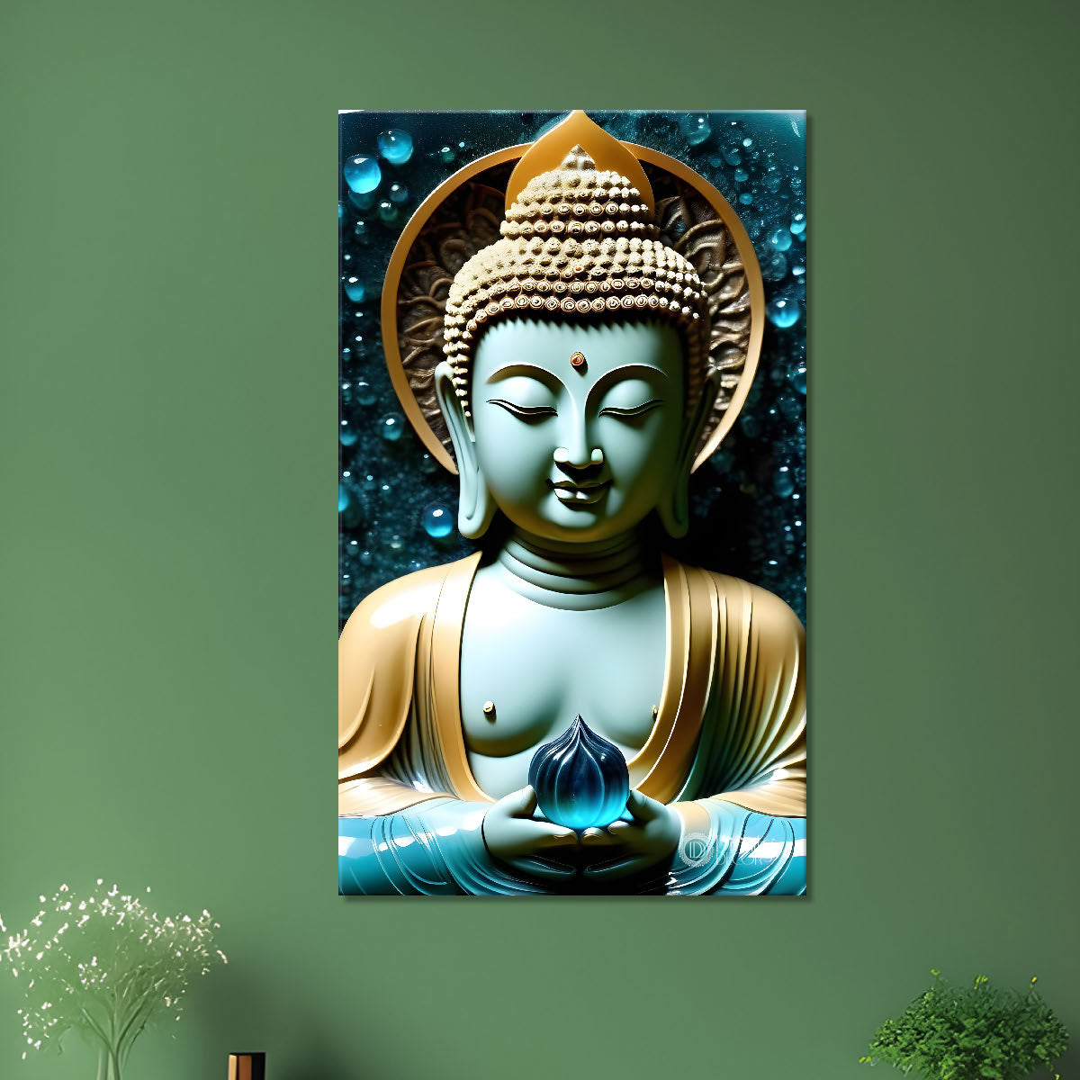 Sky blue buddha with golden chakra background - Buddha-V-129