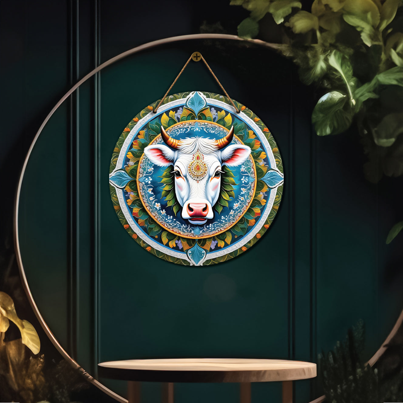 Cow in green and blue mandala Round Wooden Wall Hanging for wall Décor - Design - 129