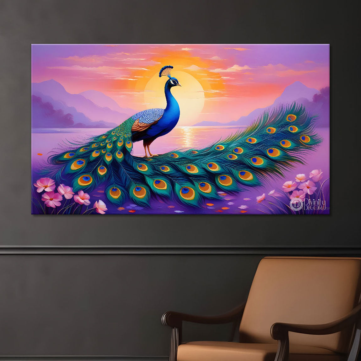Peacock with purple mountains and flower background Canvas Painting - Design - Peacock-13