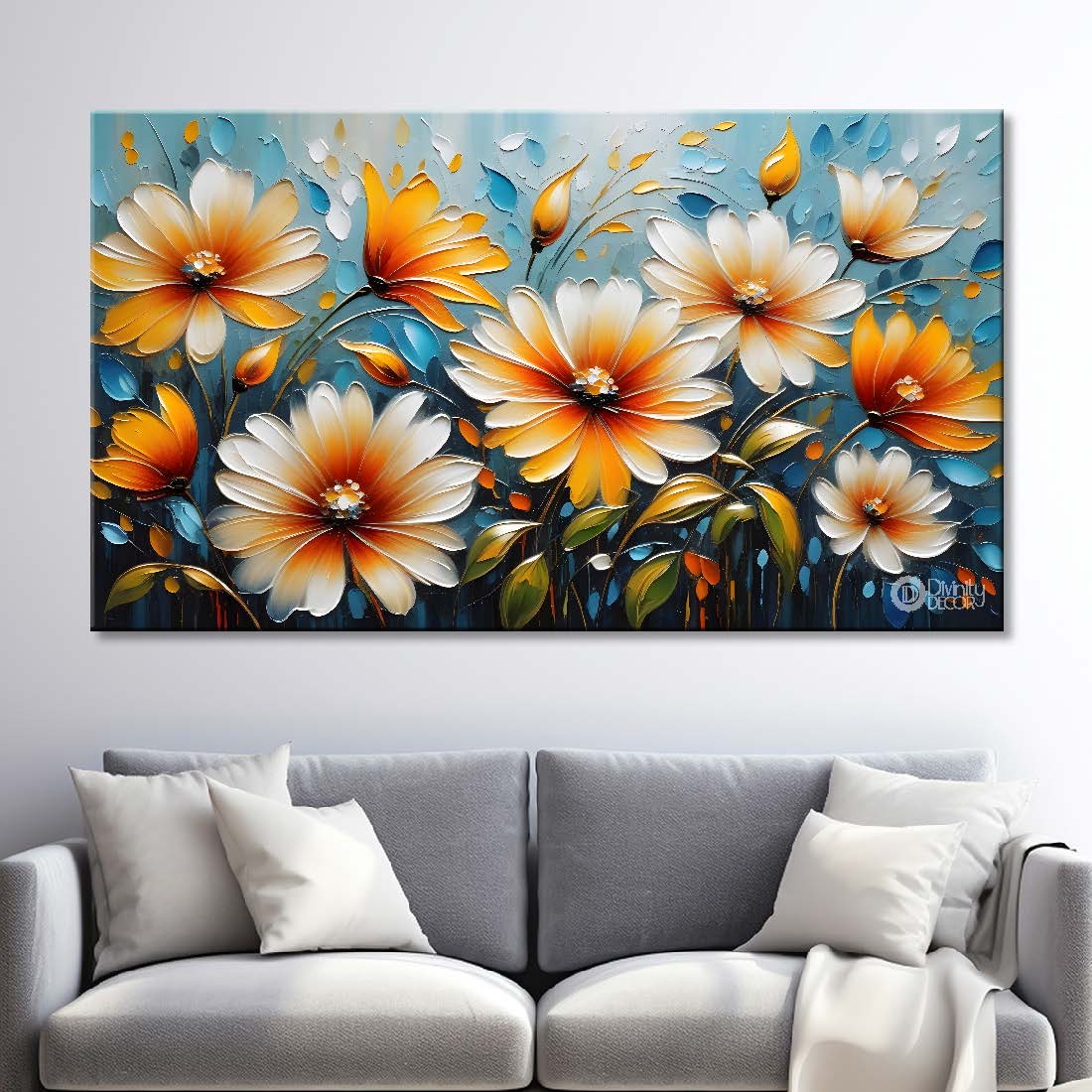 White flowers with blue textured background painting- Design - Flower-130