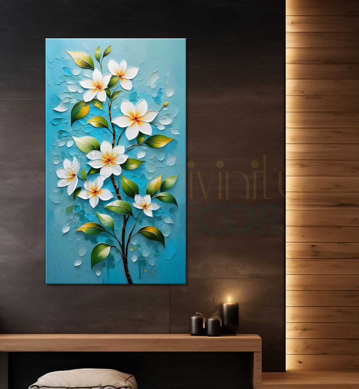 White flowers in sky blue textured background painting- Flower-V-130