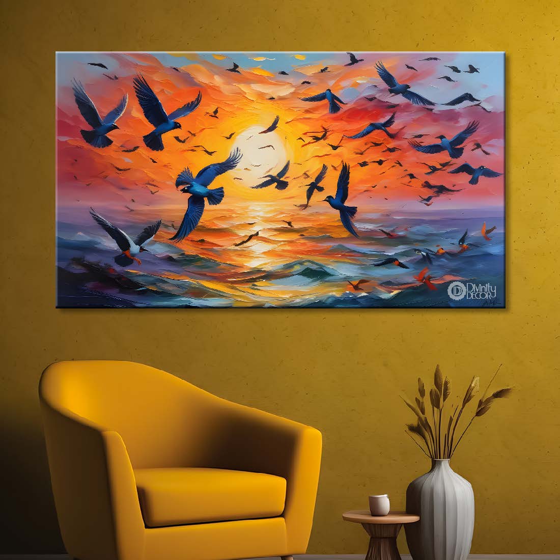Birds flying in the sky with sunrise background textured art. - Design - Animal - 130