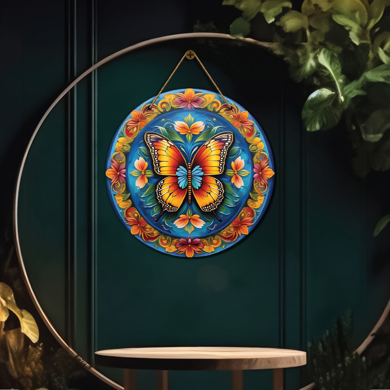 Butterfly in blue and orange mandala Round Wooden Wall Hanging for wall Décor - Design - 130
