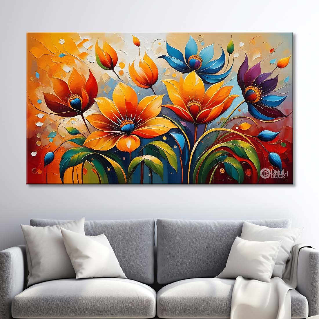 Orange flowers with blue textured background painting- Design - Flower-131
