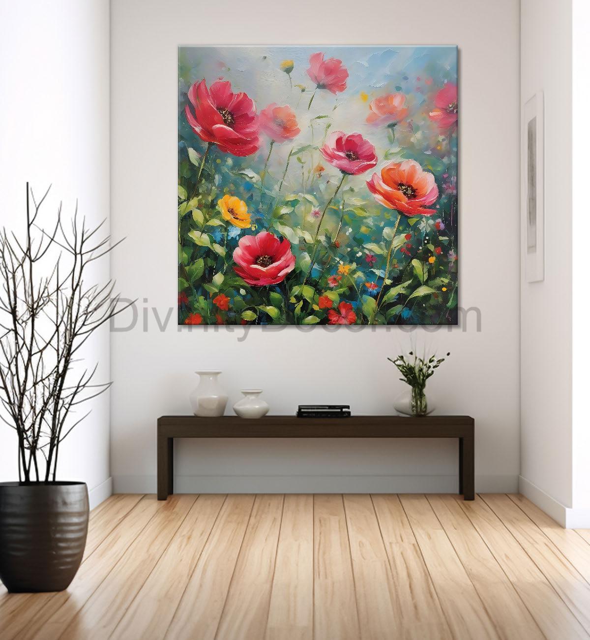 Flowers in textured painting  24X24- Nature Art -S-131